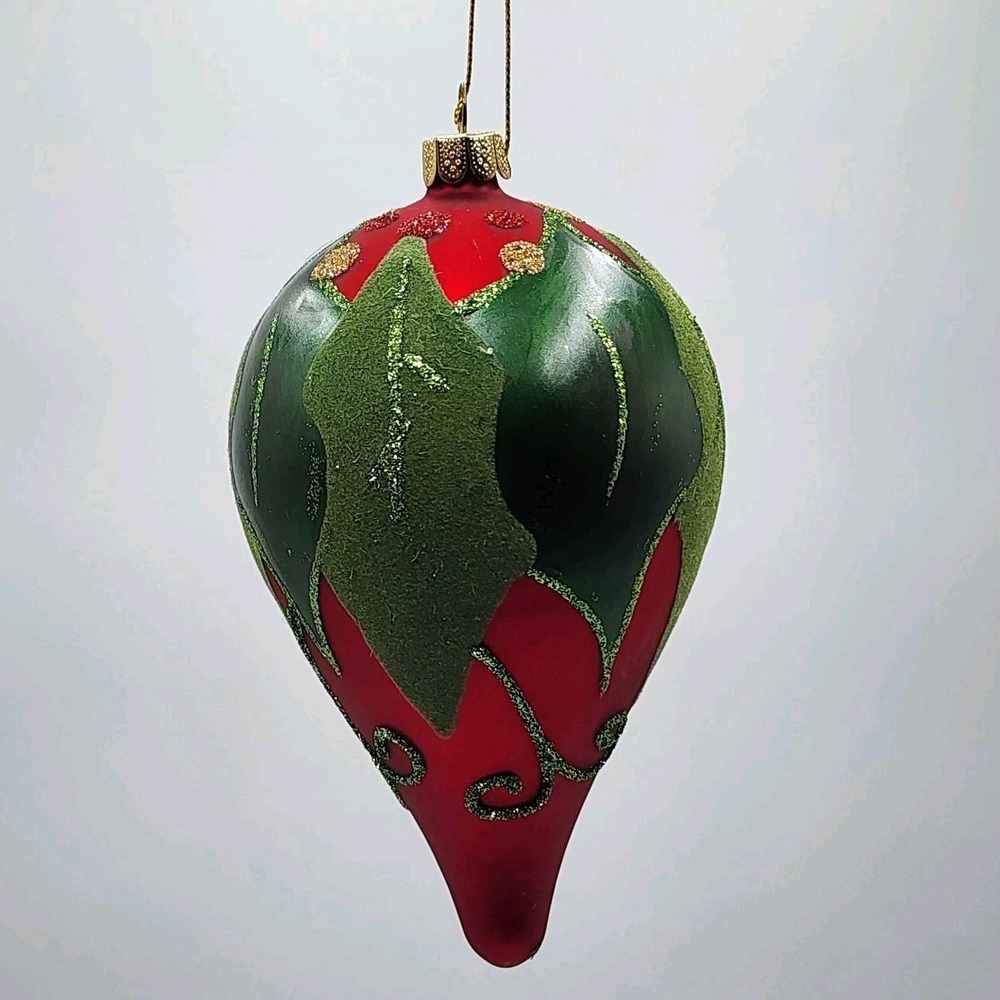 Vintage Hand Painted Teardrop Glass Ornament Red Textured with Holly Leaves Cute - Picture 2 of 6